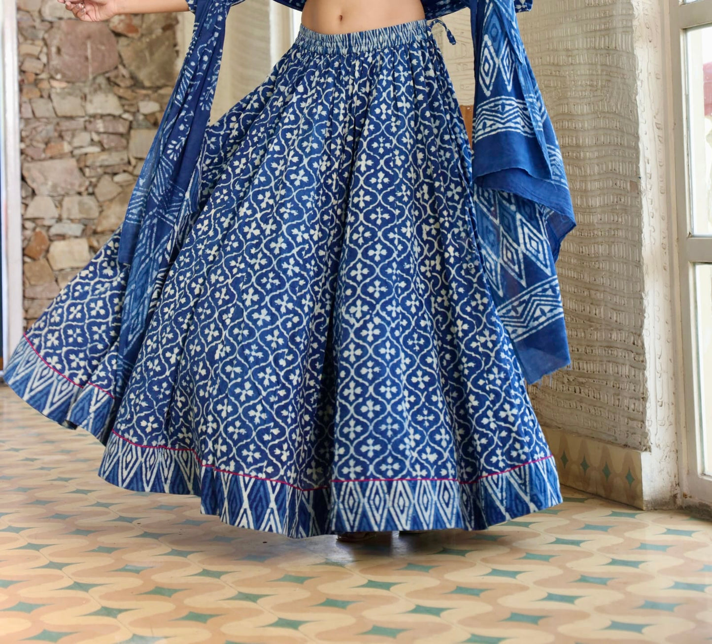 Rajasthani Skirt Maxi-  Indigo Blue Block Print