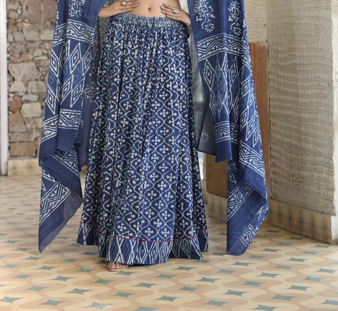 Rajasthani Skirt Maxi-  Indigo Blue Block Print