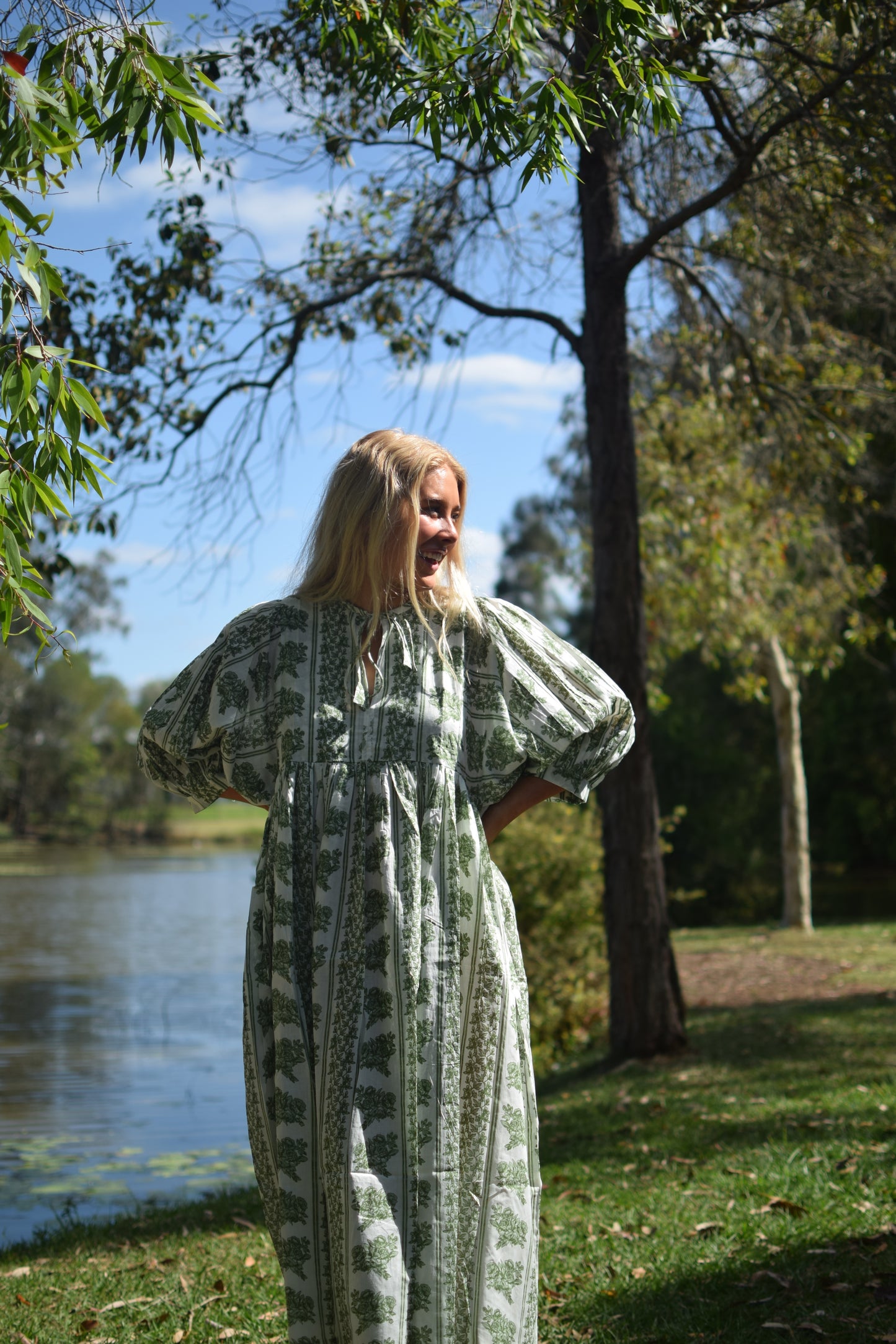 Ava Midi Dress - Green and White