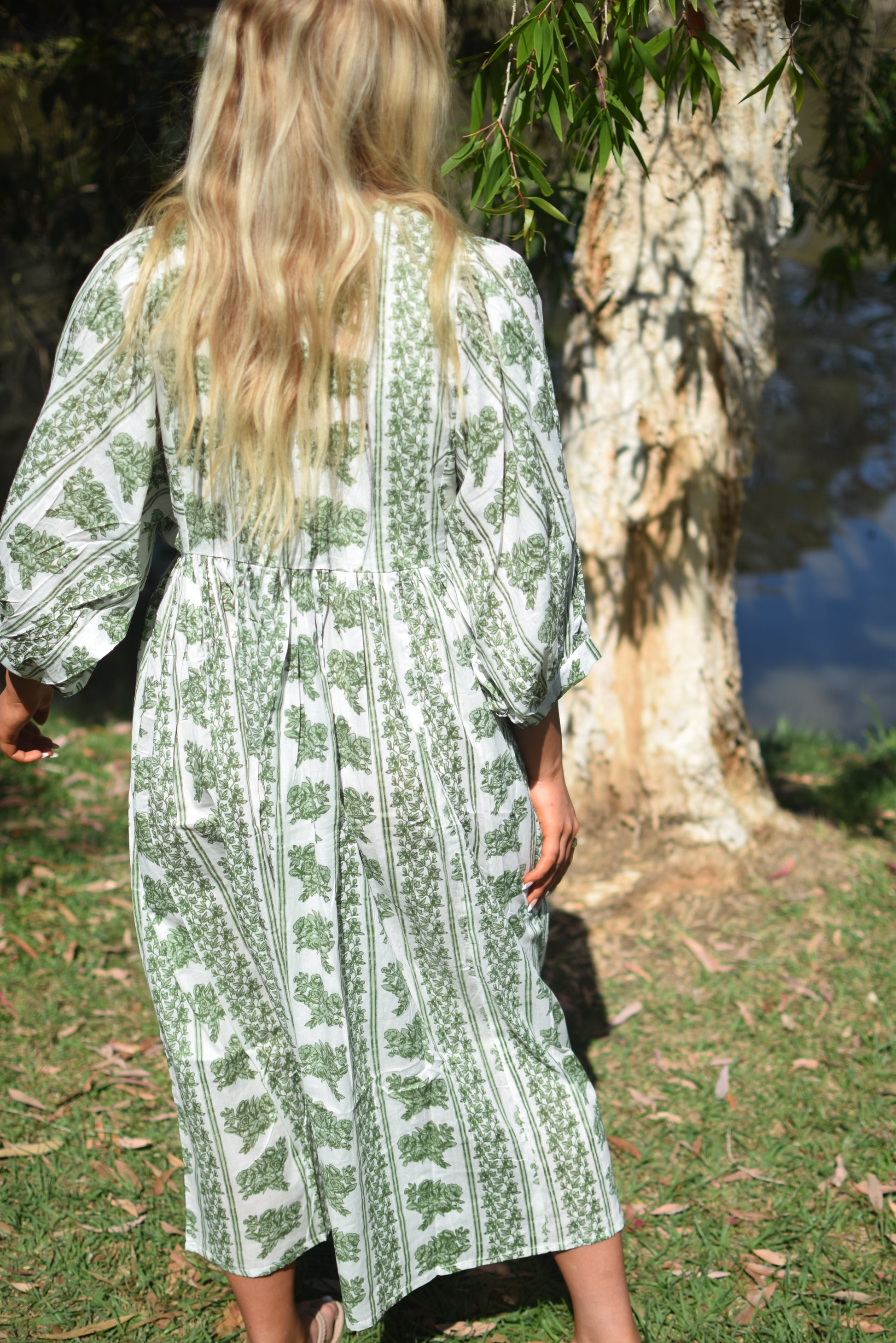 Ava Midi Dress - Green and White Namaste Slow Fashion Ava Midi Dress - Green and White Namaste Slow Fashion