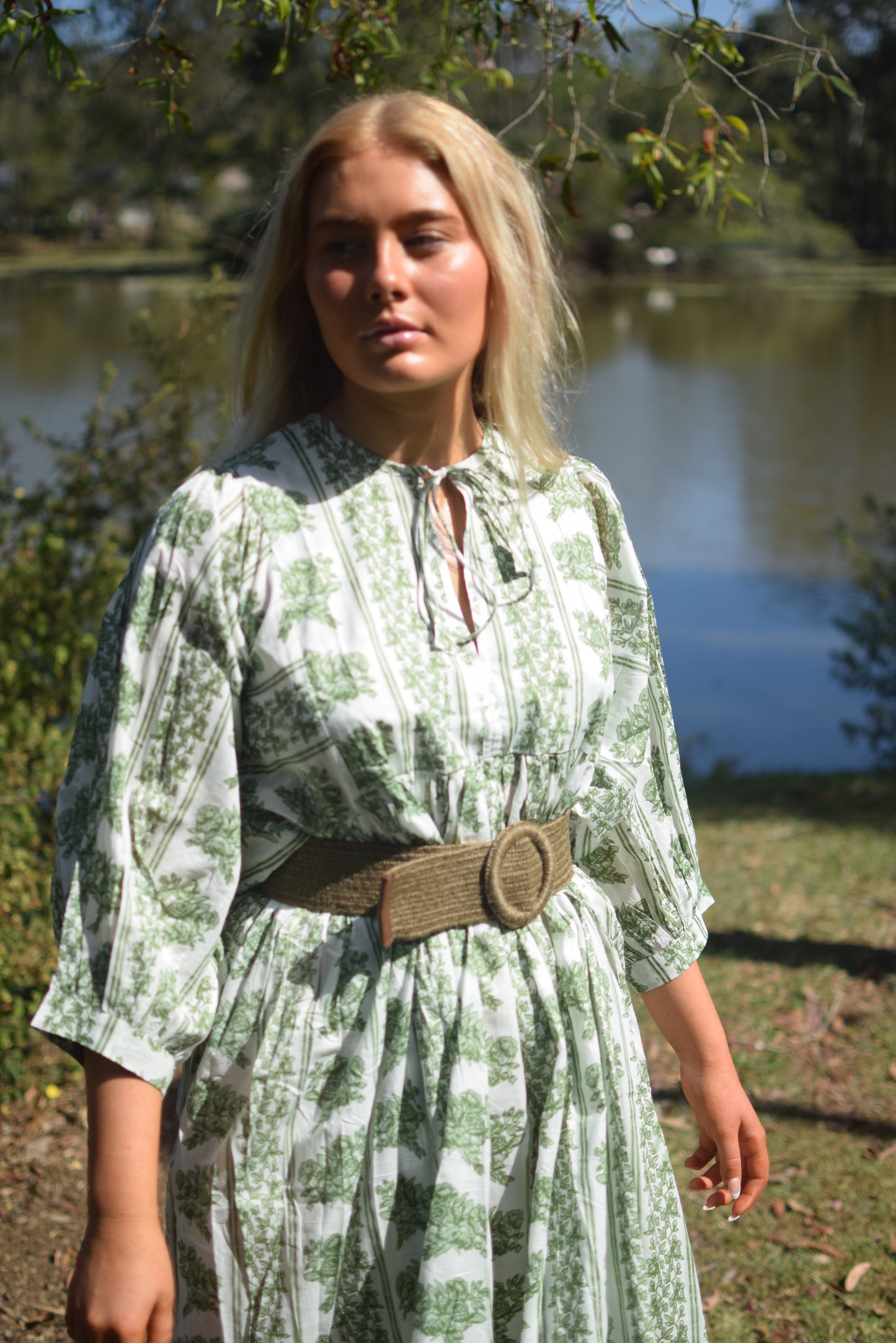 Ava Midi Dress - Green and White