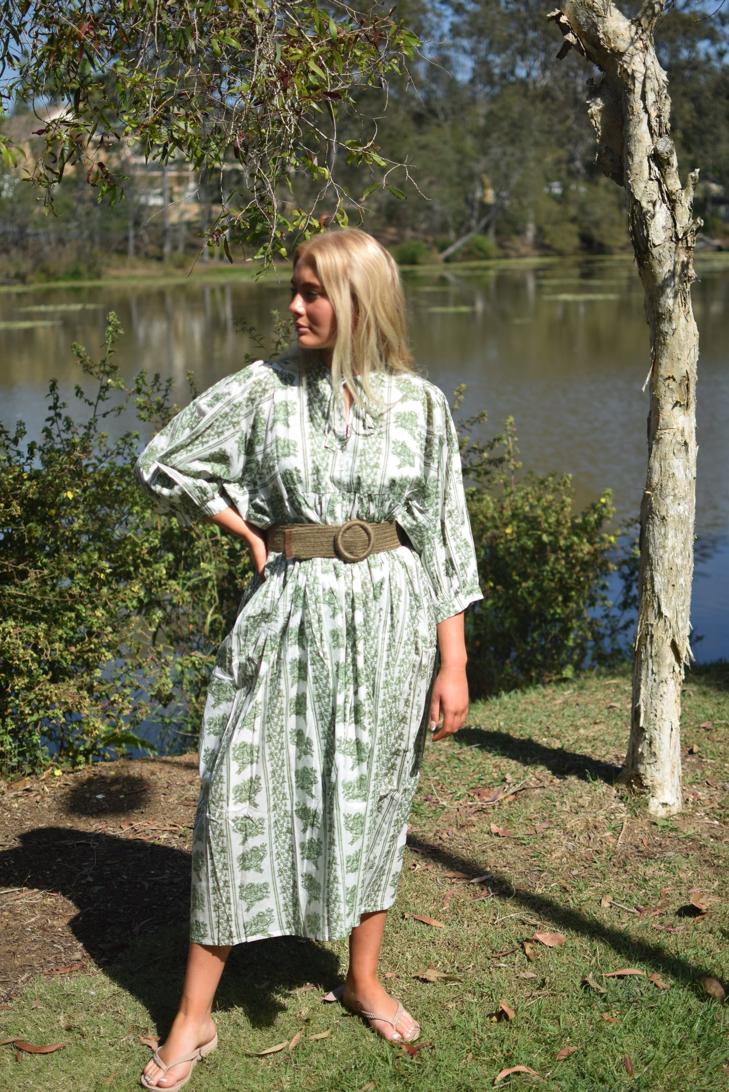 Ava Midi Dress - Green and White