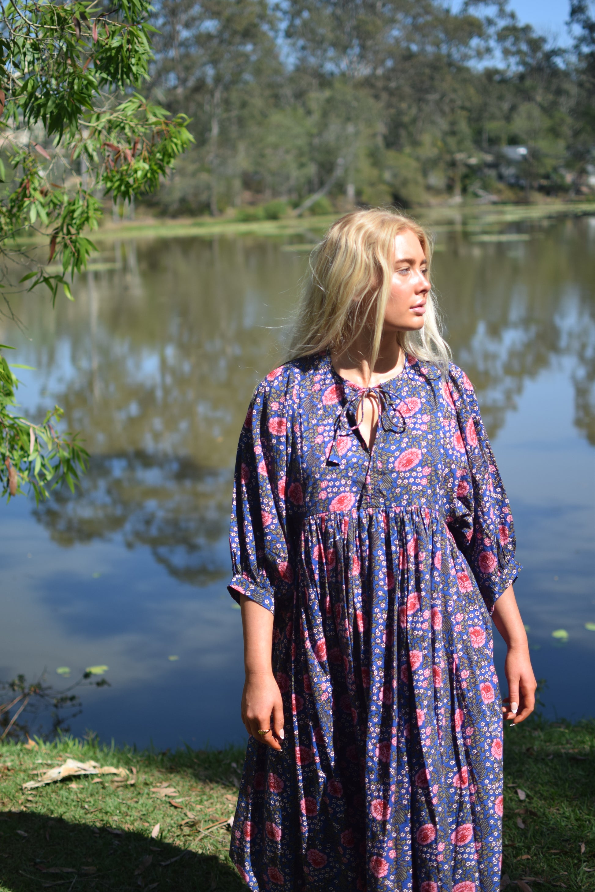 ethically handcrafted boho dress cotton voile vintage 70's style midi dress floral print deep blue and pink dress pretty print 