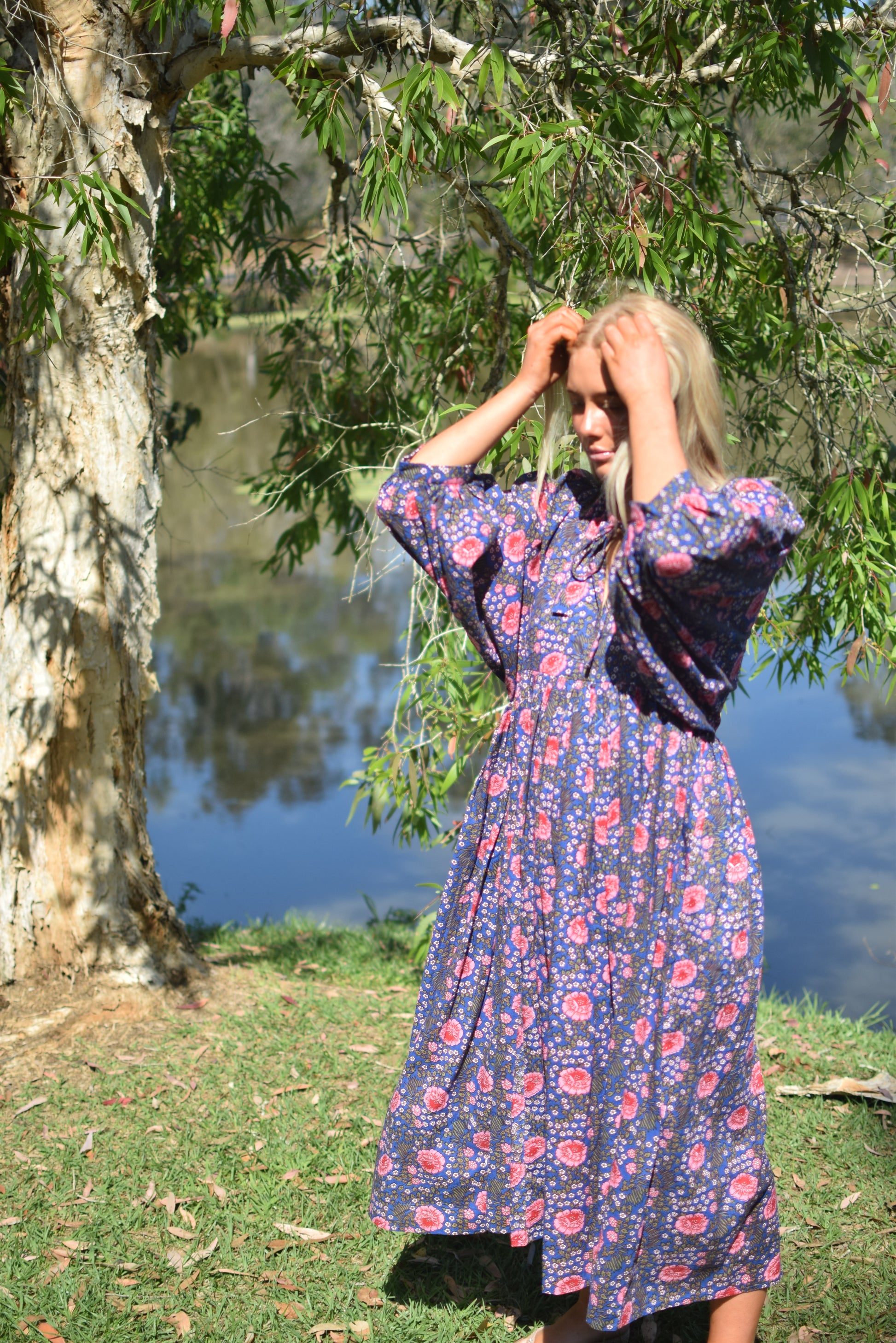 relaxed fit boho dress with puffy sleeves hand block printed floral design boho midi dress
