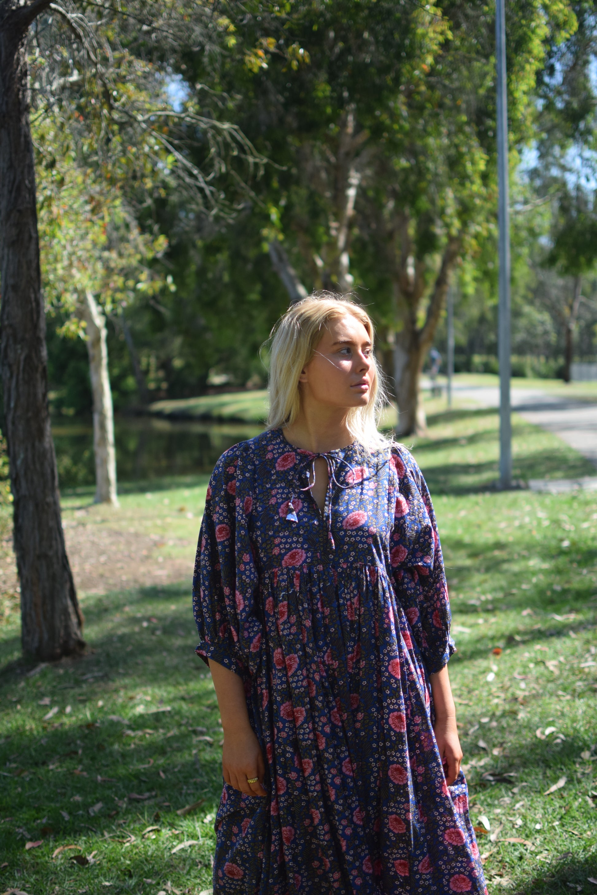 beautiful ethical boho dress cotton cambric floral printed block print blue and pink pretty dress vintage 70's style